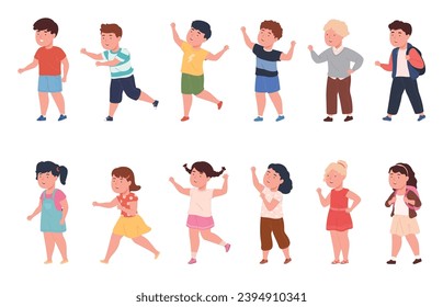 Cute cheerful children. Boys and girls in different poses. Collection of happy children. Vector illustration