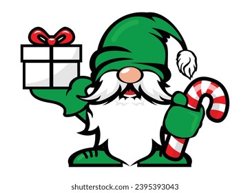 Cute cheerful christmas gnome with candy cane and gift box. Vector template on transparent background