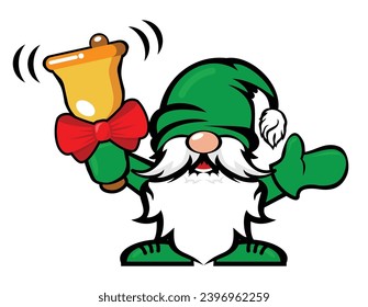 Cute cheerful christmas gnome with gold jingle bell. Vector template on transparent background