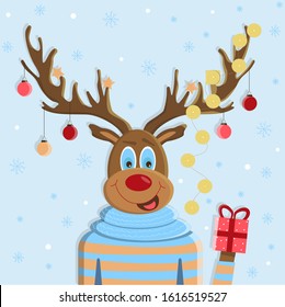 Cute and cheerful Christmas reindeer Rudolph. Vector illustration for Christmas, new year.