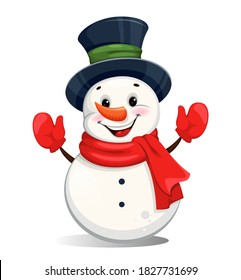 Cute cheerful Christmas snowman. Funny snowman cartoon character. Merry Christmas and Happy New Year. Vector illustration