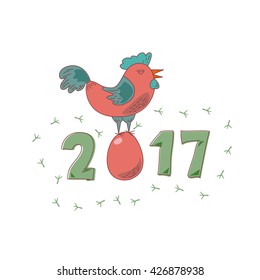Cute cheerful Cockerel, the symbol of the new Chinese year 2017. Cartoon vector illustration