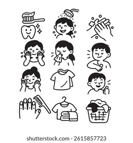 A cute and cheerful collection of 10 hand-drawn black and white icons representing personal hygiene habits for kids. 