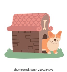 Cute cheerful corgi dog inside of doghouse. Exquisite pet hotel or daycare. Animal hotel or shelter building. Hand drawn flat vector illustration isolated on white background.