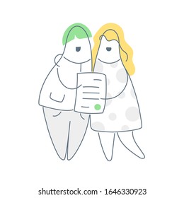 Cute Cheerful Couple Holding Marriage Certificate, Insurance Policy, Gift Coupon Pr License, Certified Document With The Seal In Their Hands. Flat Line UI UX Vector Icon Illustration On White.