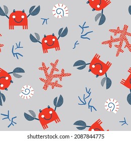 Cute cheerful Crab with Sea Shells and Coral vector seamless pattern. Blue Red White colours sea creatures background. Scandinavian decorative childish design for nautical nursery navy kids fabric.