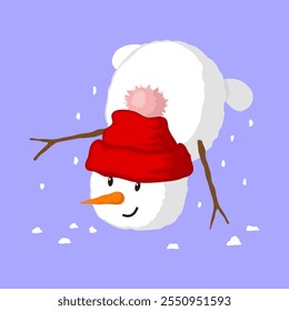 Cute cheerful dancing snowman in a hat. Colored silhouette. Front side view. Vector simple flat graphic illustration. Isolated object on white background. Isolate.