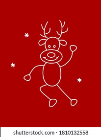A cute, cheerful deer rejoices in the snow. Vector winter illustration. New Year and Christmas picture. Design for postcards, packaging, fabric, paper, print and web.