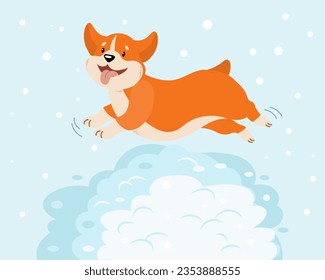 Cute cheerful dog Corgi jumps in the snow. Winter illustration, kids print, vector	
