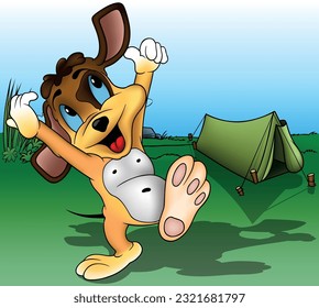 Cute Cheerful Doggy with Paws Up with a Tent on a Nature Trip - Cartoon illustration with Background, Vector