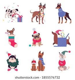 Cute Cheerful Dogs with Christmas Symbols Set, Xmas and New Year, Happy Winter Holidays Concept Cartoon Style Vector Illustration