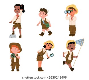 Cute cheerful elementary kids cartoon character enjoying amazing safari adventure isolated set on white background. Little children wearing scout uniform exploring nature vector illustration