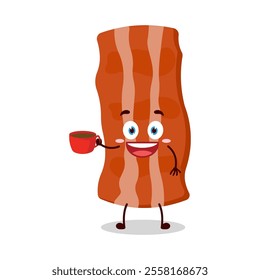 cute cheerful expression of bacon cartoon character carry cup of coffee
