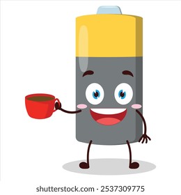 cute cheerful expression of battery carry cup of coffee cartoon character