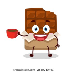 cute cheerful expression of bite chocolate bar character carry cup of coffee
