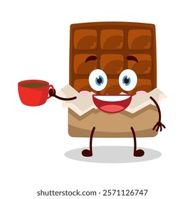 cute cheerful expression of bite chocolate bar character carry cup of coffee
