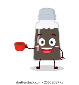 cute cheerful expression of black pepper cartoon character carry cup of coffee
