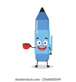 cute cheerful expression of blue pen cartoon character carry cup of coffee
