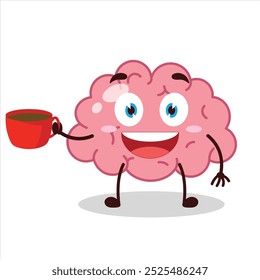 Cute cheerful expression of brain carry cup of coffee cartoon character