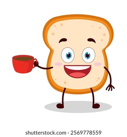 cute cheerful expression of bread cartoon character carry cup of coffee
