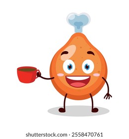 cute cheerful expression of chicken drumstick cartoon character carry cup of coffee
