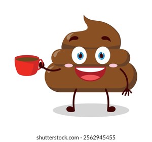 cute cheerful expression of chicken poop cartoon character carry cup of coffee
