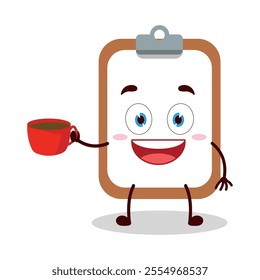 cute cheerful expression of clipboard cartoon character carry cup of coffee