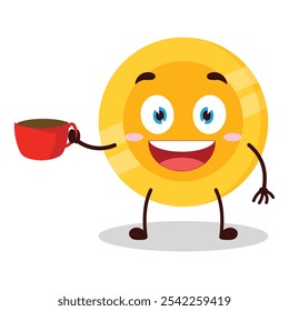 cute cheerful expression of coin cartoon carry cup of coffee cartoon character