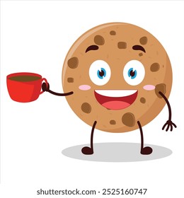 Linda expresión alegre de galletas llevan taza de café de carácter de dibujos animados