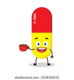 cute cheerful expression of drug capsule cartoon character carry cup of coffee
