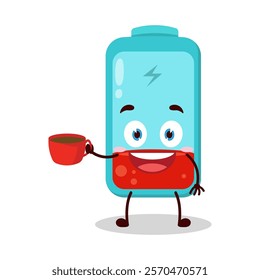 cute cheerful expression of empty battery cartoon character carry cup of coffee
