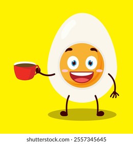 cute cheerful expression of half boiled egg cartoon character carry cup of coffee