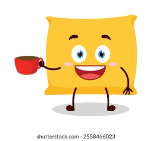 cute cheerful expression of half boiled egg cartoon character carry cup of coffee
