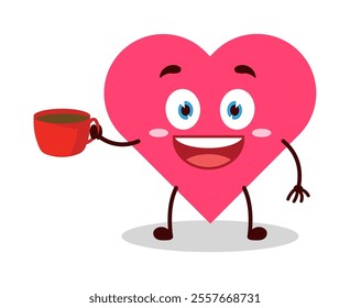 cute cheerful expression of heart cartoon character carry cup of coffee