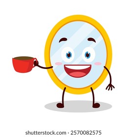 cute cheerful expression of mirror cartoon character carry cup of coffee
