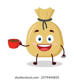 cute cheerful expression of money bag cartoon character carry cup of coffee
