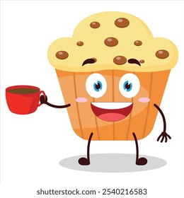 cute cheerful expression of muffin carry cup of coffee cartoon character
