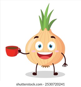 cute cheerful expression of onion cartoon carry cup of coffee cartoon character