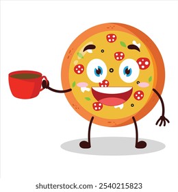 cute cheerful expression of pizza carry cup of coffee cartoon character