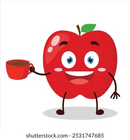 cute cheerful expression of red apple cartoon carry cup of coffee cartoon character
