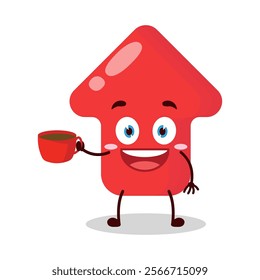 cute cheerful expression of red arrow cartoon character carry cup of coffee
