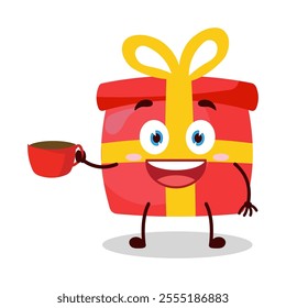 cute cheerful expression of red gift box cartoon character carry cup of coffee