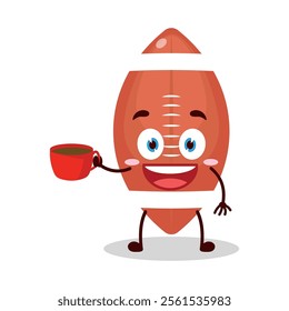 cute cheerful expression of rugby ball cartoon character carry cup of coffee
