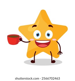 cute cheerful expression of star cartoon character carry cup of coffee
