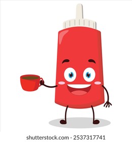 cute cheerful expression of tomato sauce bottle carry cup of coffee cartoon character