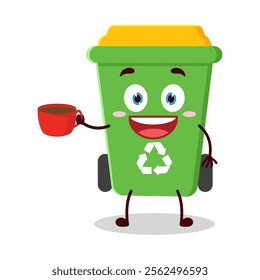 cute cheerful expression of trash bin cartoon character carry cup of coffee
