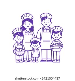 Cute Cheerful Family of Bakers, Five Members. Vector Monochrome Illustration on White Background.