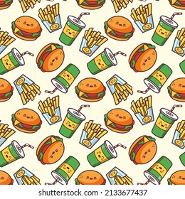 Cute Cheerful Fast Food Products Seamless Pattern