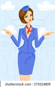 Cute Cheerful Female Flight Attendant In Blue And Red Uniform Gesturing Emergency Exits On The Plane