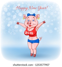 Cute cheerful female pig  fitness model with 2019 inscription on her breast wishes a happy  New Year.  Greeting card.  2019 Chinese New Year of the pig

